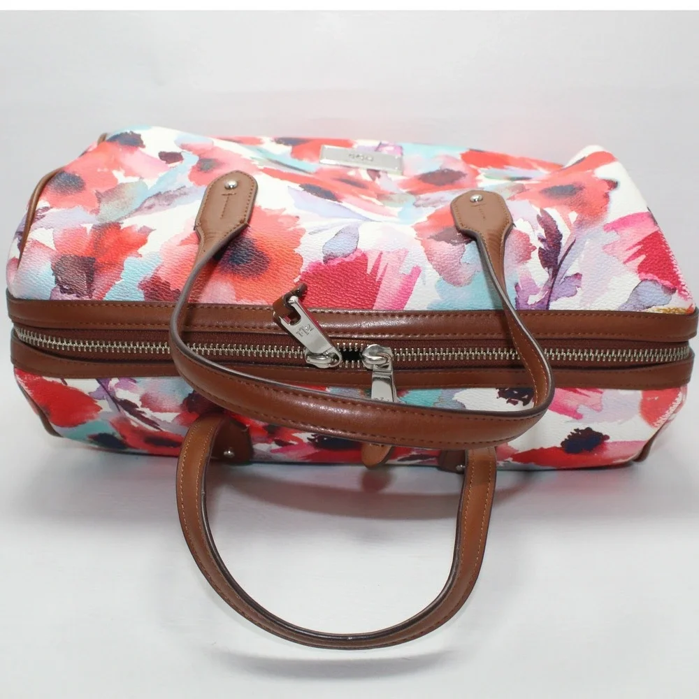 Lauren Ralph Lauren Floral Watercolor Satchel Bag‎ Brown Leather Trim Red Blue
